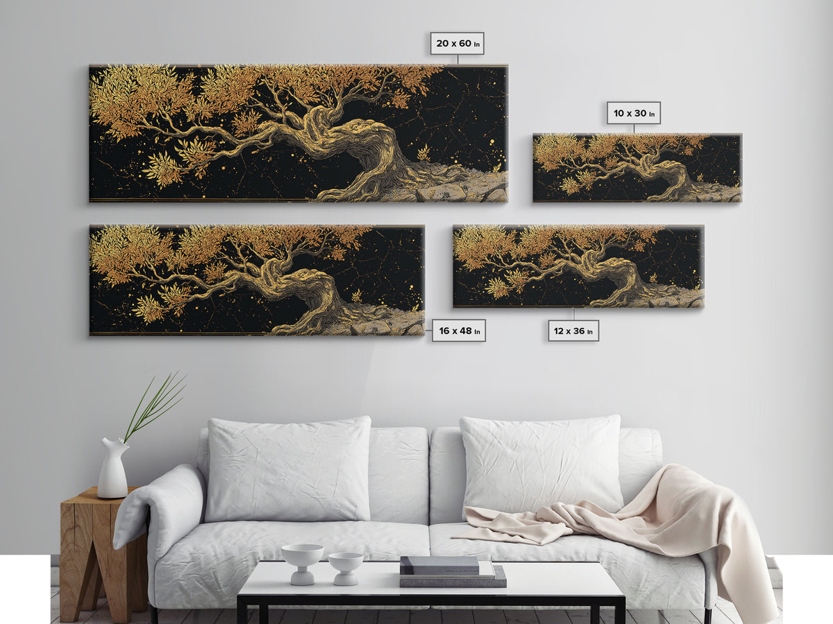 Ancient Olive Tree Artwork, Mythological Symbol Of Peace Decorative Wall Design, Gold Canvas Print, Real Wood Frame Art