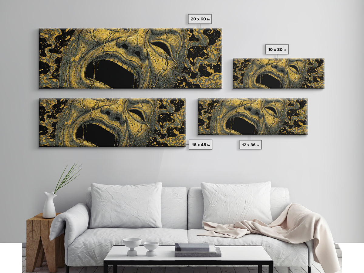 Screaming Tragedy Mask, Ancient Greek Mythological Theater Artwork, Gold Canvas Print, Real Wood Frame Wall Decor
