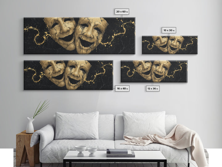 Comedy And Tragedy Masks, Ancient Greek Theater Symbolic Mythological Artwork, Gold Canvas Print, Real Wood Frame Wall Art