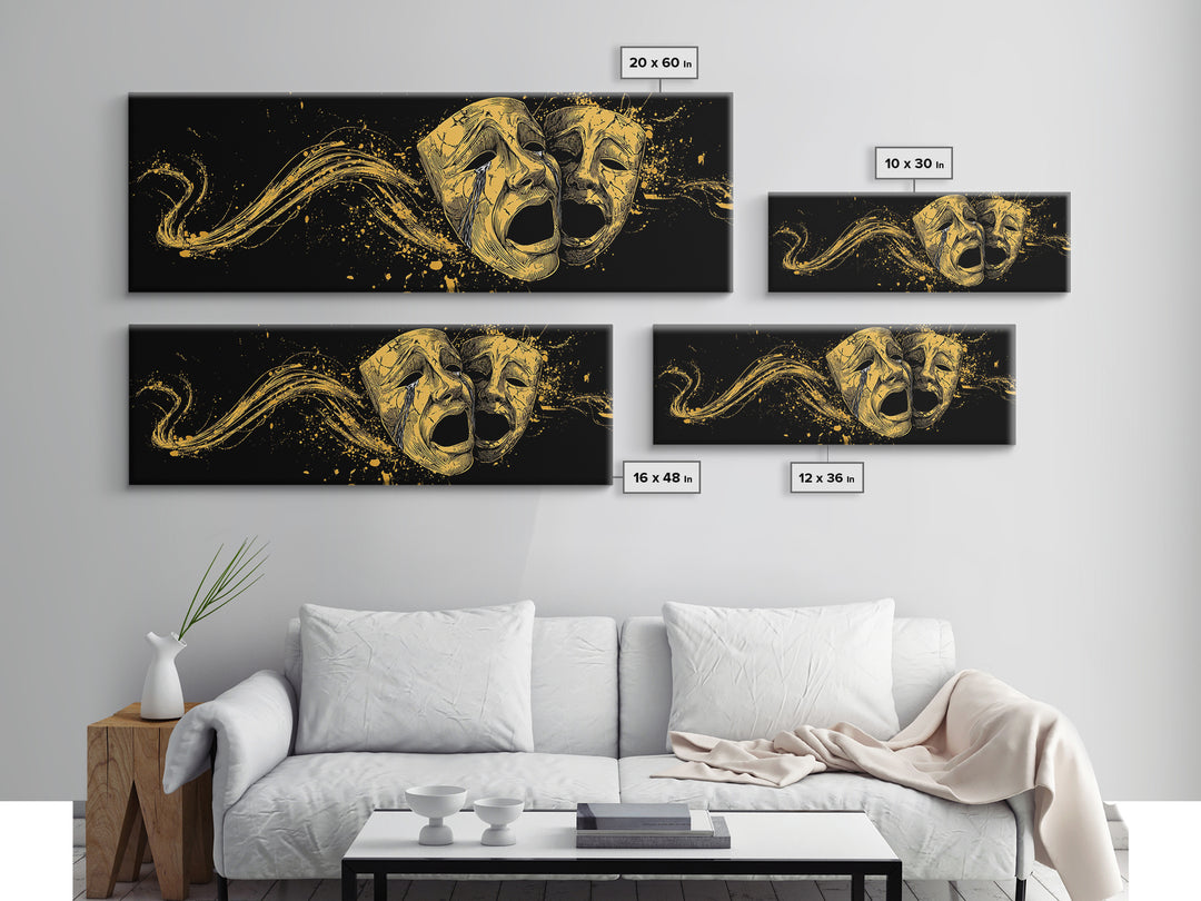 Paired Tragic Masks, Mythological Theater Symbol Decorative Wall Artwork, Gold Canvas Print, Real Wood Frame Wall Decor