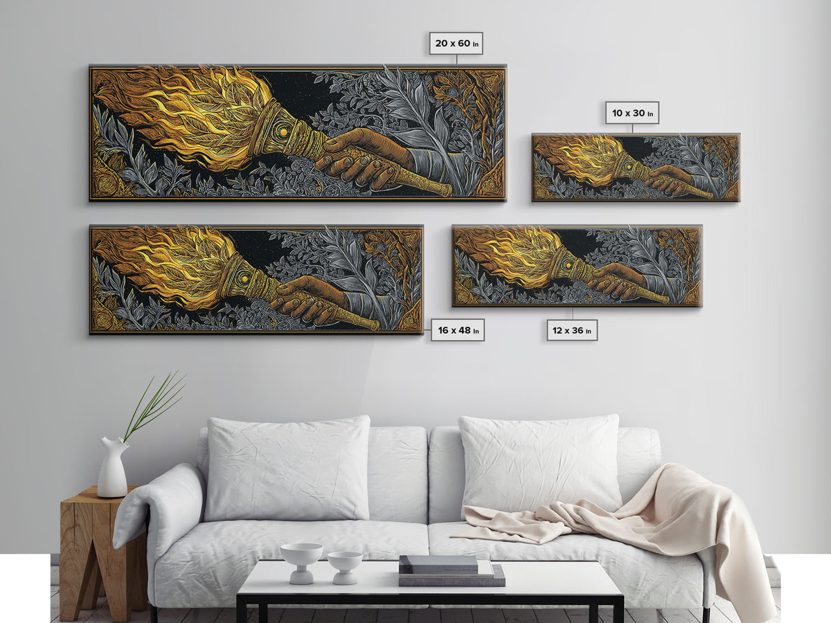 Ancient Torch Of Flames, Mythological Fire Symbol Decorative Wall Artwork, Gold Canvas Print, Real Wood Frame Wall Decor