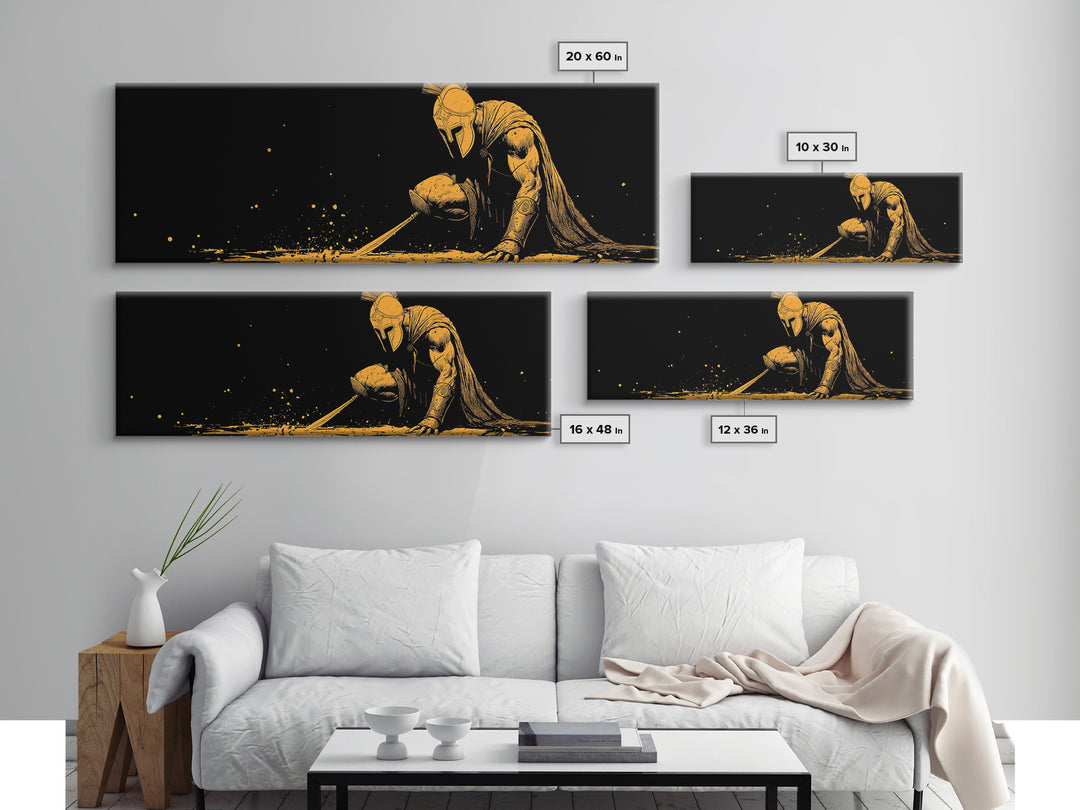 Greek Warrior Kneeling, Ancient Mythological Spartan Soldier With Spear Artwork, Gold Canvas Print, Real Wood Frame Decor