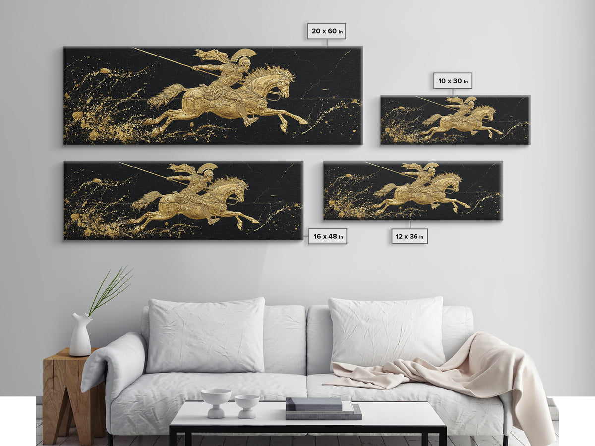 Spartan Warrior On Horse, Ancient Greek Mythological Rider With Spear Artwork, Gold Canvas Print, Real Wood Frame Wall Decor