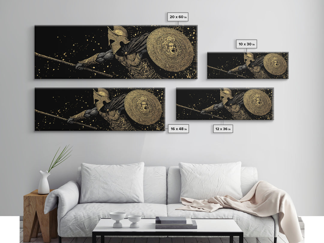 Heroic Warrior With Shield, Ancient Greek Spartan Mythological Battle Artwork, Gold Canvas Print, Real Wood Frame Wall Decor
