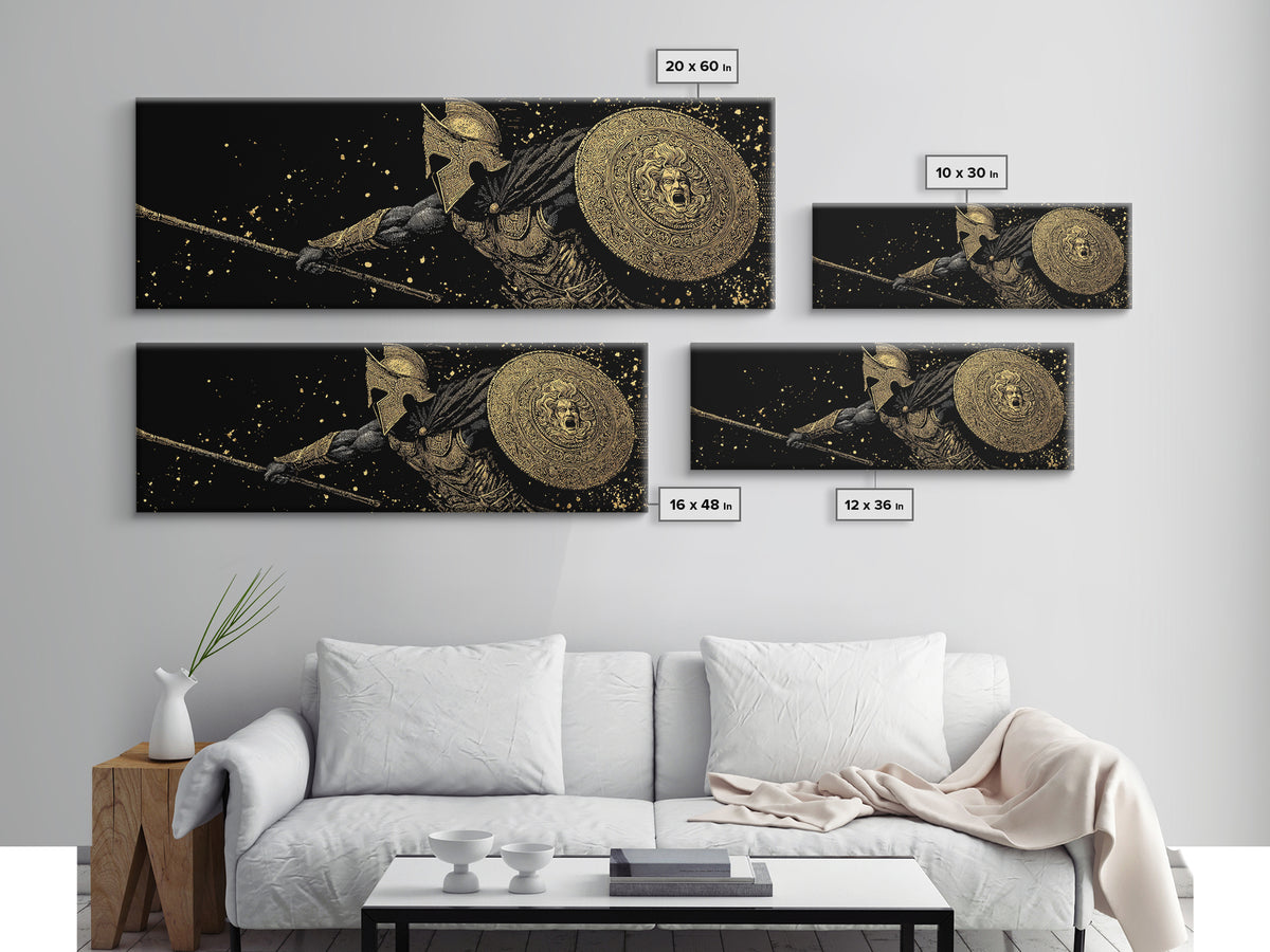 Heroic Warrior With Shield, Ancient Greek Spartan Mythological Battle Artwork, Gold Canvas Print, Real Wood Frame Wall Decor