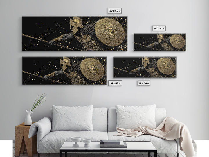 Heroic Warrior With Shield, Ancient Greek Spartan Mythological Battle Artwork, Gold Canvas Print, Real Wood Frame Wall Decor