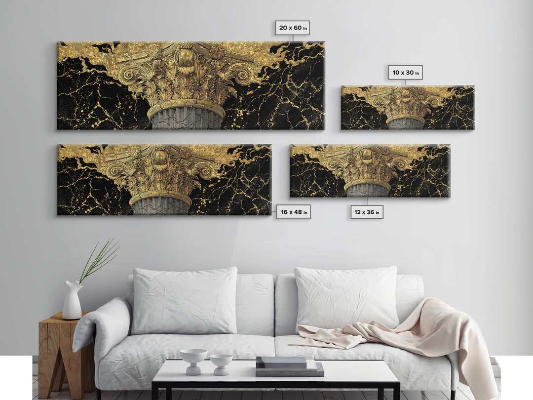Classical Corinthian Column, Ancient Pillar Decorative Architectural Artwork, Gold Canvas Print, Real Wood Frame Wall Art