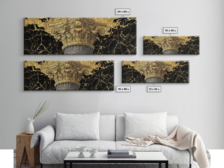 Classical Corinthian Column, Ancient Pillar Decorative Architectural Artwork, Gold Canvas Print, Real Wood Frame Wall Art