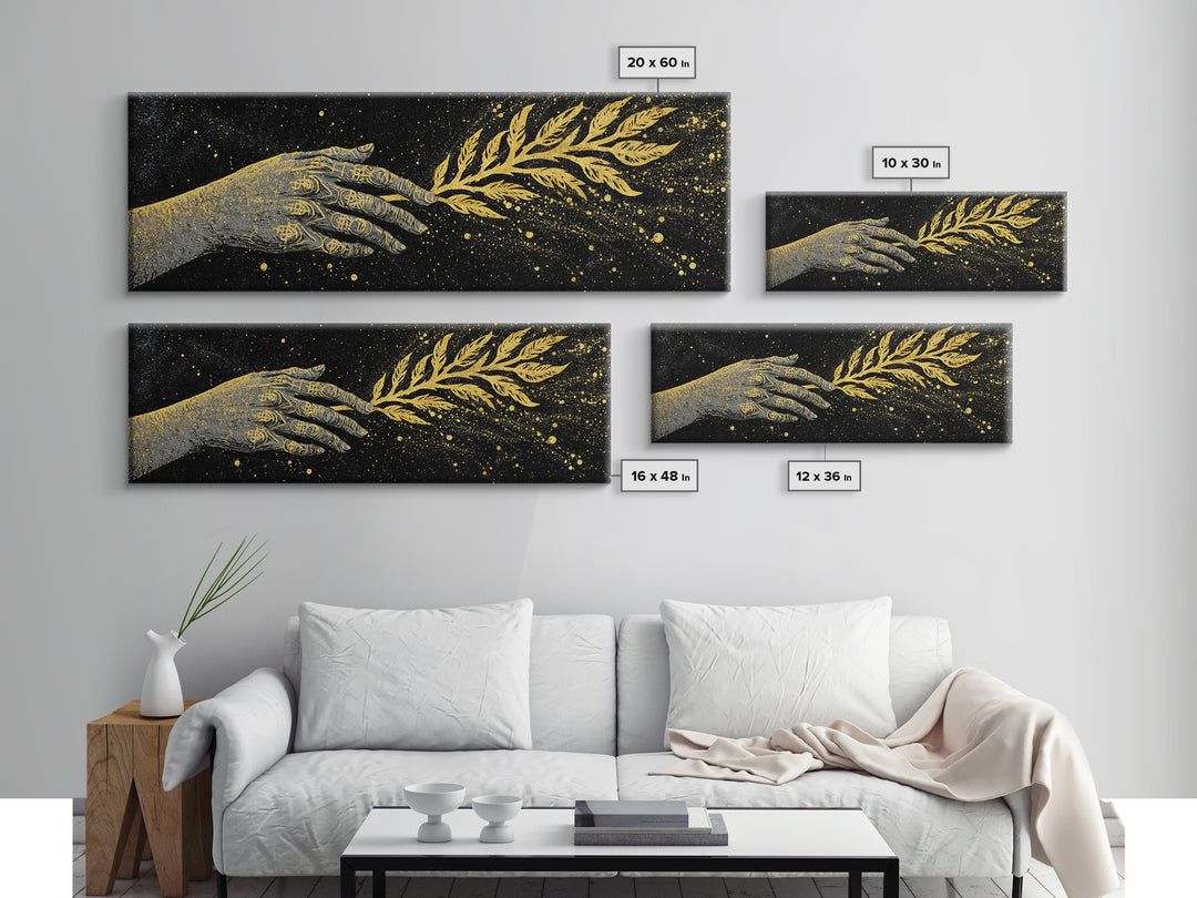 Hand With Olive Branch, Mythological Symbol Of Peace Decorative Wall Artwork, Gold Canvas Print, Real Wood Frame Wall Art