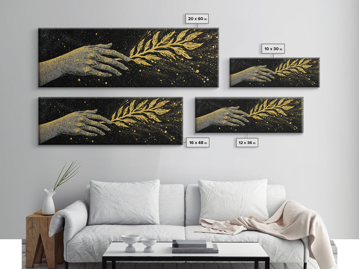 Hand With Olive Branch, Mythological Symbol Of Peace Decorative Wall Artwork, Gold Canvas Print, Real Wood Frame Wall Art