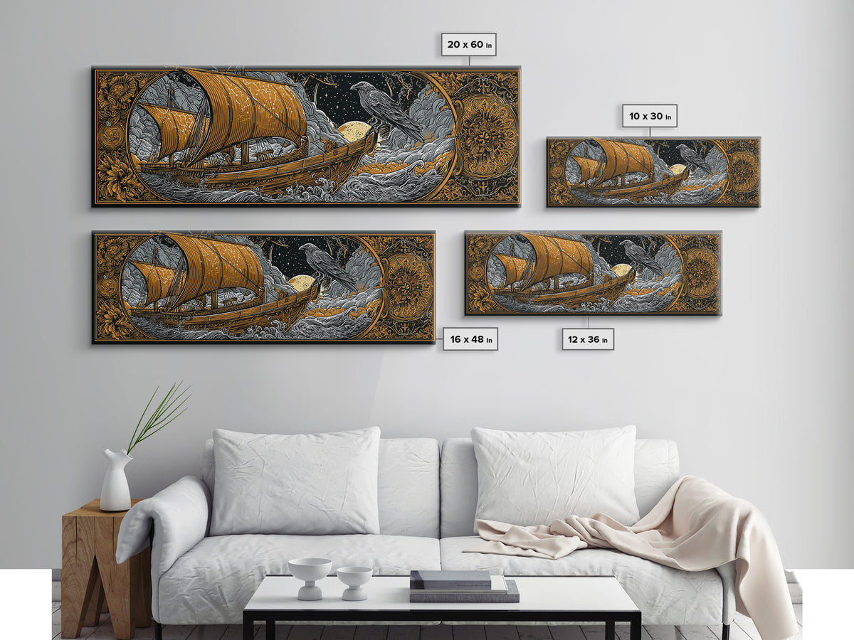 Ancient Sailing Ship, Mythological Vessel With Raven Decorative Wall Artwork, Gold Canvas Print, Real Wood Frame Wall Decor