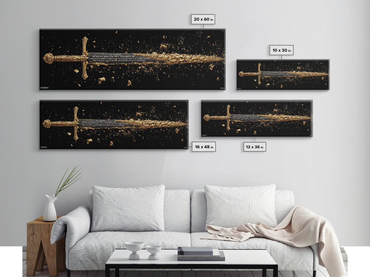 Ancient Sword Shattering, Mythological Weapon Symbolic Battle Decorative Artwork, Gold Canvas Print, Real Wood Frame Wall Art