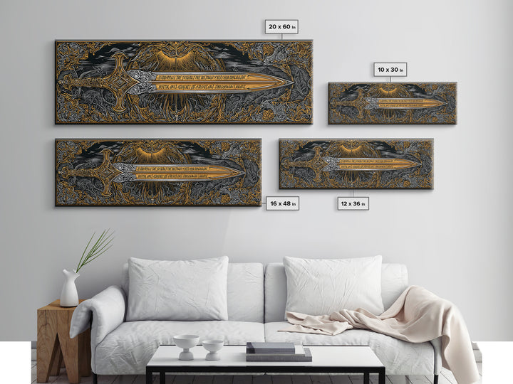 Ornate Mythological Sword, Decorative Ancient Weapon Symbolic Wall Artwork, Gold Canvas Print, Real Wood Frame Wall Decor