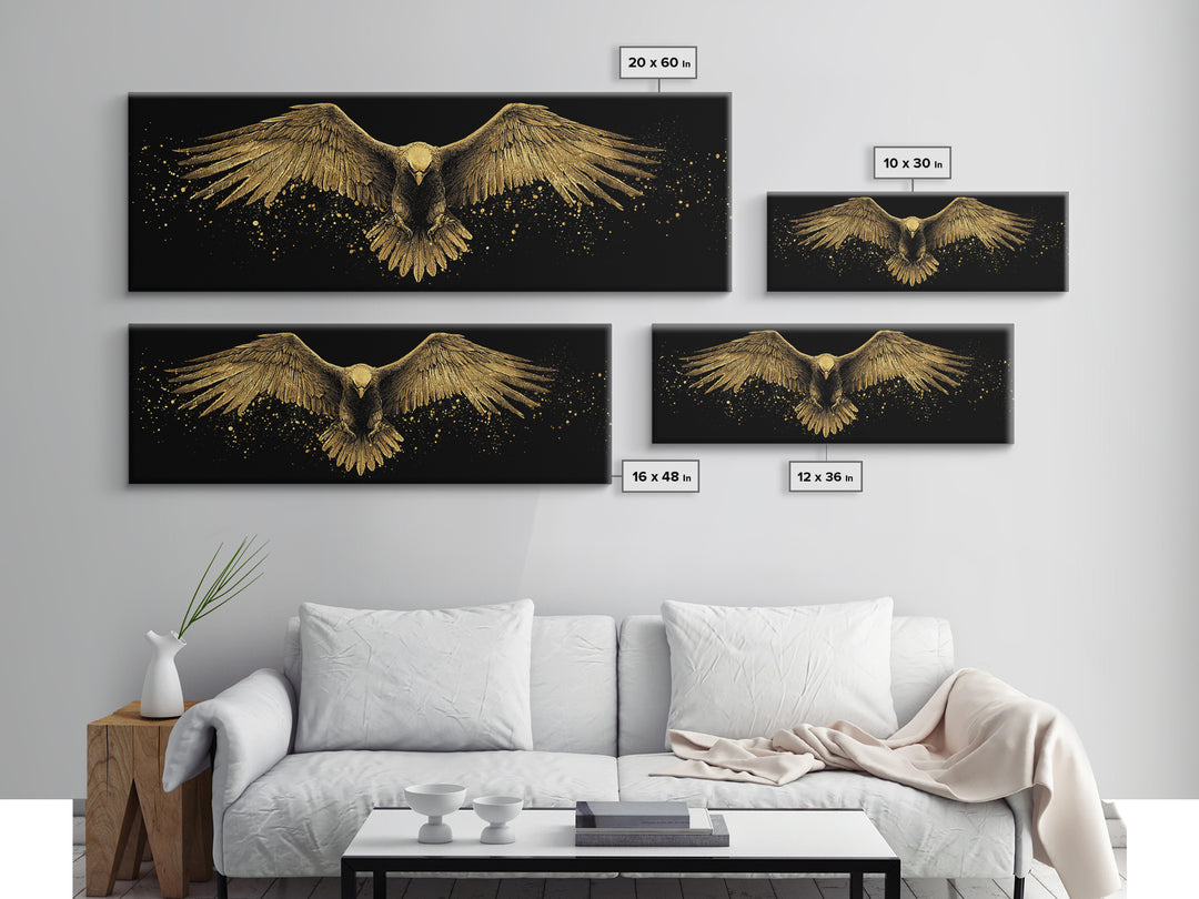 Golden Eagle In Flight, Regal Mythological Bird Wall Decor, Gold Canvas Print, Real Wood Frame Art