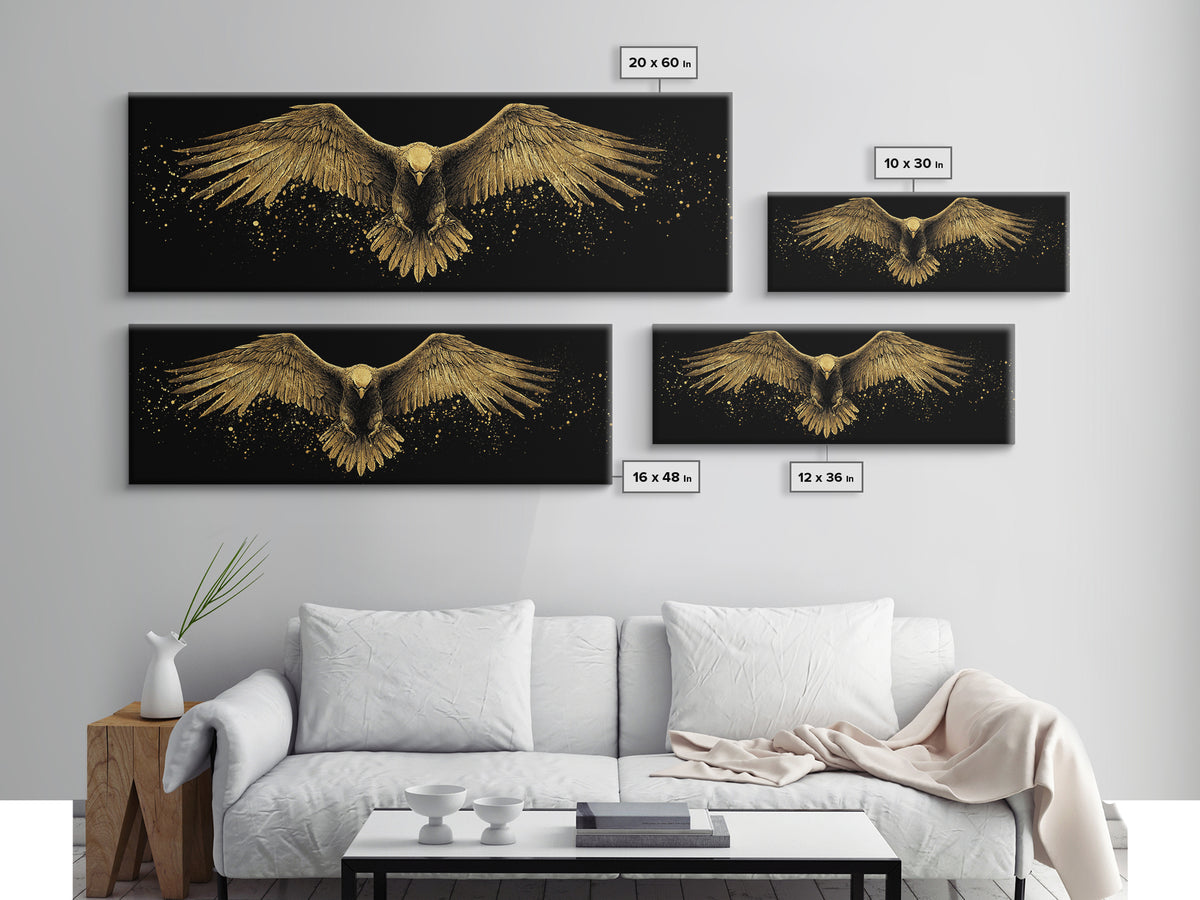 Golden Eagle In Flight, Regal Mythological Bird Wall Decor, Gold Canvas Print, Real Wood Frame Art