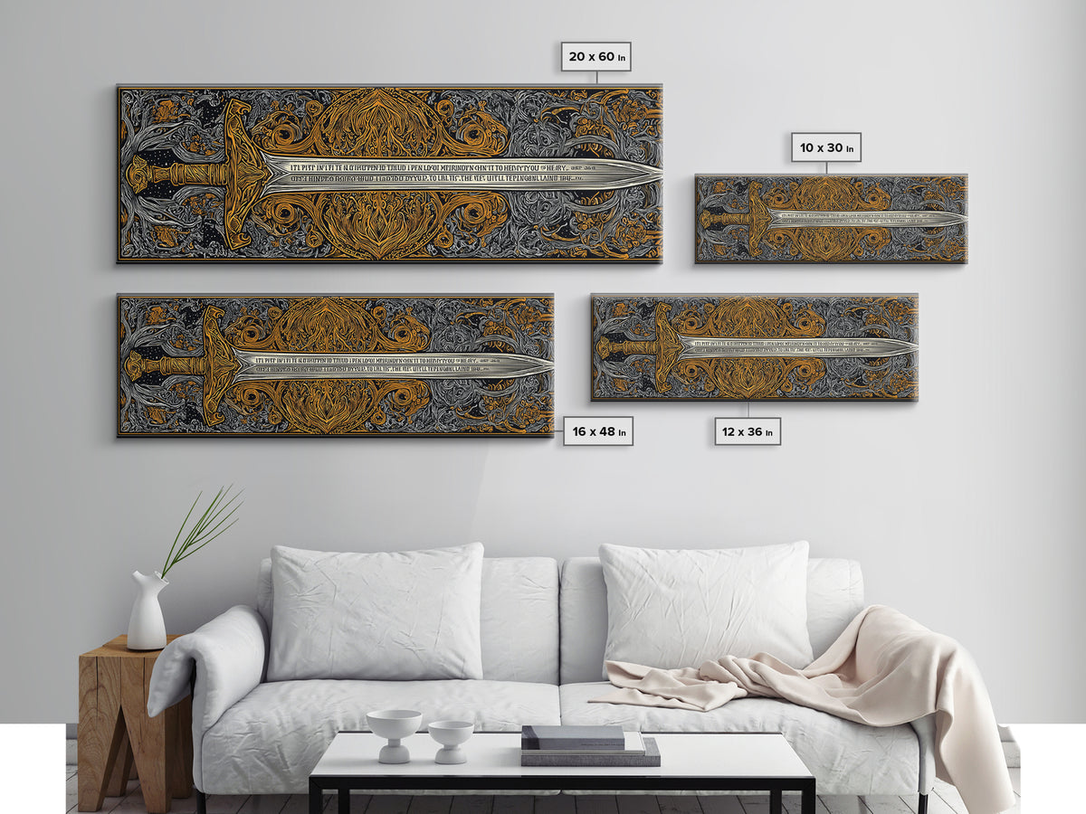 Epic Ancient Sword, Mythological Weapon Of Power Decorative Wall Artwork, Gold Canvas Print, Real Wood Frame Wall Decor