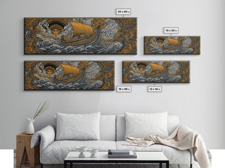 Mythological Sun Face And Ancient Ship, Epic Sea Voyage Decorative Wall Artwork, Gold Canvas Print, Real Wood Frame Decor