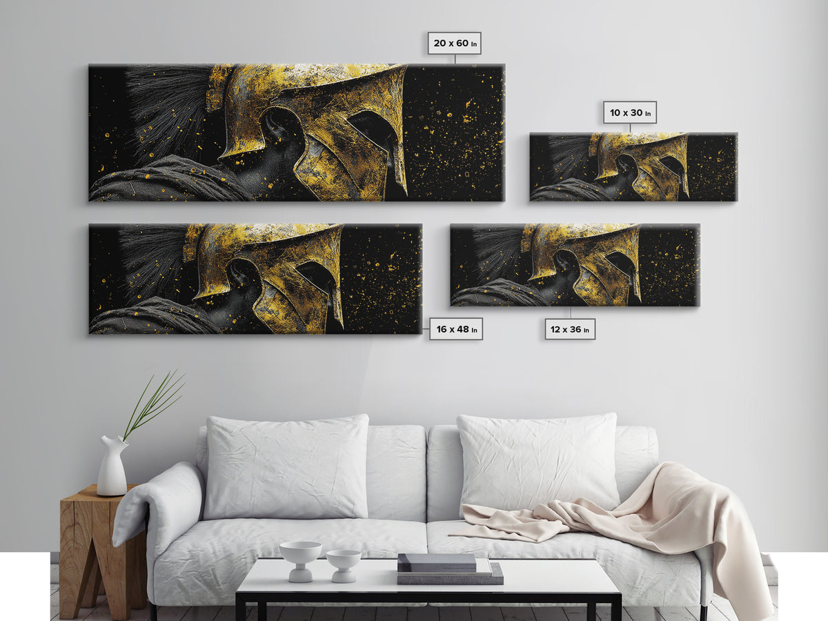 Spartan Warrior Helmet, Ancient Greek Mythological Armor Decorative Artwork, Gold Canvas Print, Real Wood Frame Wall Art