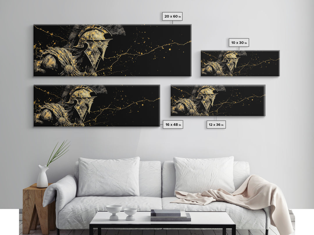 Detailed Spartan Warrior Helmet, Ancient Greek Mythological Armor Decorative Artwork, Gold Canvas Print, Real Wood Frame Art