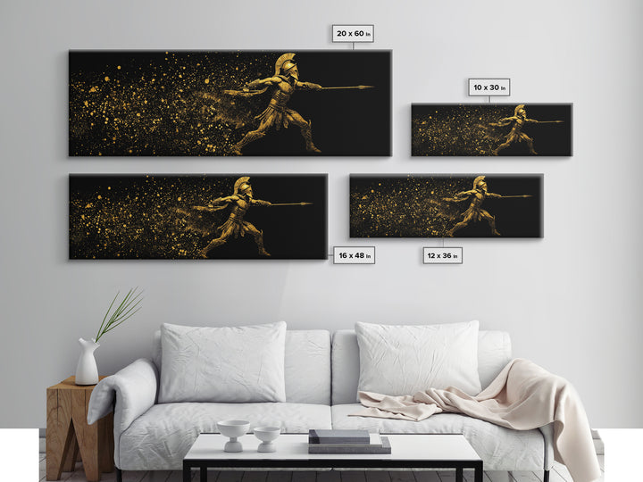 Greek Warrior Throwing Spear, Mythological Spartan Hero Battle Scene Artwork, Gold Canvas Print, Real Wood Frame Wall Decor