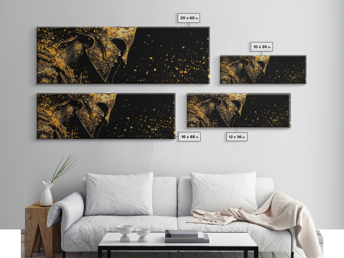 Spartan Warrior Close Up, Mythological Greek Helmet Armor Decorative Wall Artwork, Gold Canvas Print, Real Wood Frame Decor