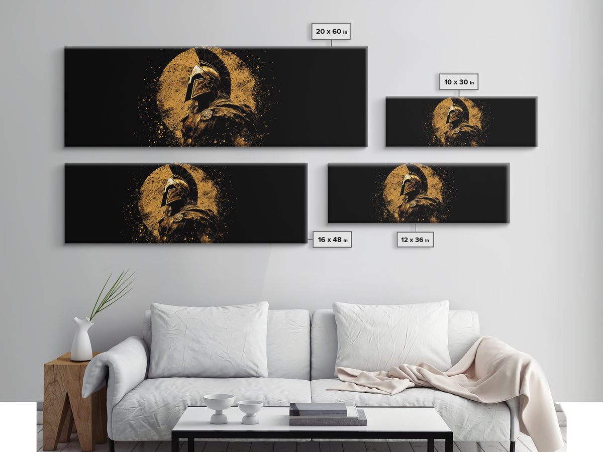 Heroic Spartan Warrior, Ancient Greek Mythological Armor Symbol Decorative Artwork, Gold Canvas Print, Real Wood Frame Wall Art