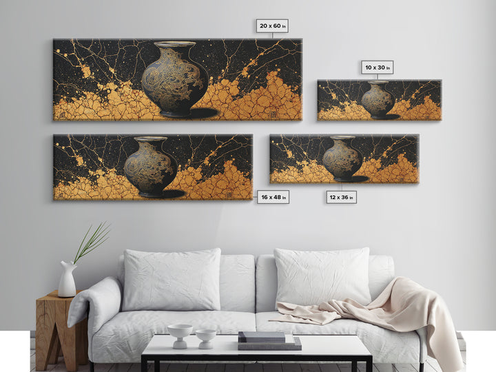 Ancient Golden Vase, Mythical Dragon Engraving Wall Decor, Gold Canvas Print, Real Wood Framed Art