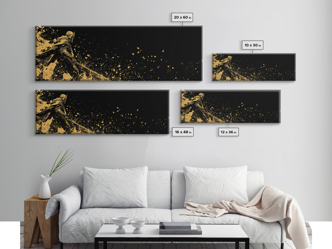 Spartan Warrior Battle Pose, Ancient Greek Hero With Sword Decorative Wall Artwork, Gold Canvas Print, Real Wood Frame Decor