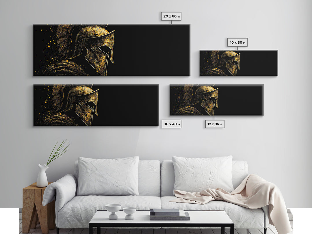 Spartan Helmet Profile, Ancient Greek Mythological Warrior Armor Decorative Artwork, Gold Canvas Print, Real Wood Frame Wall Art