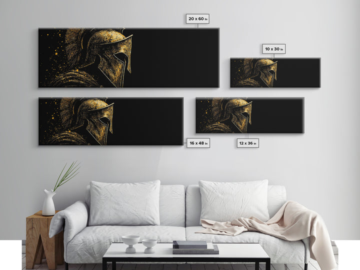 Spartan Helmet Profile, Ancient Greek Mythological Warrior Armor Decorative Artwork, Gold Canvas Print, Real Wood Frame Wall Art