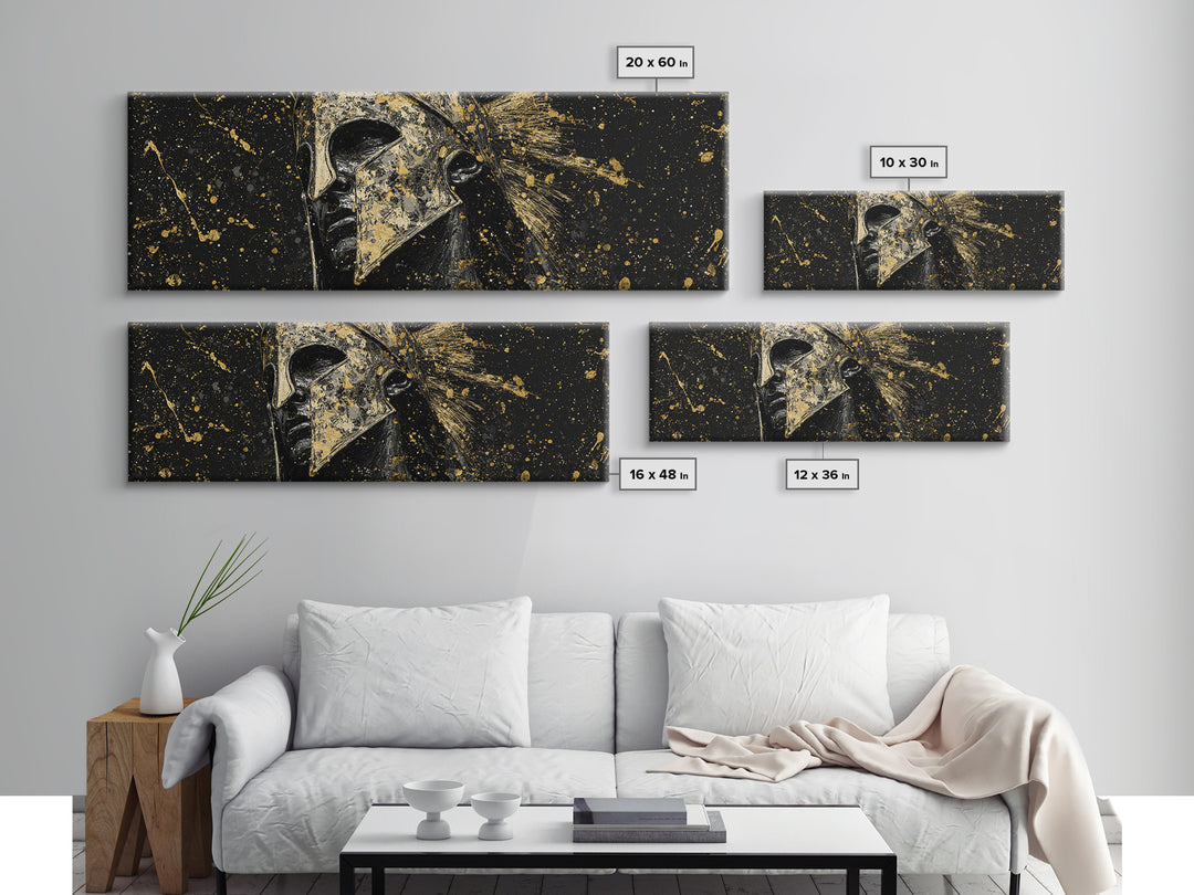 Spartan Helmet And Graffiti, Mythological Greek Warrior Decorative Wall Artwork, Gold Canvas Print, Real Wood Frame Wall Art