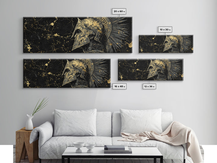 Greek Helmet Portrait, Ancient Spartan Mythological Warrior Decorative Artwork, Gold Canvas Print, Real Wood Frame Wall Decor