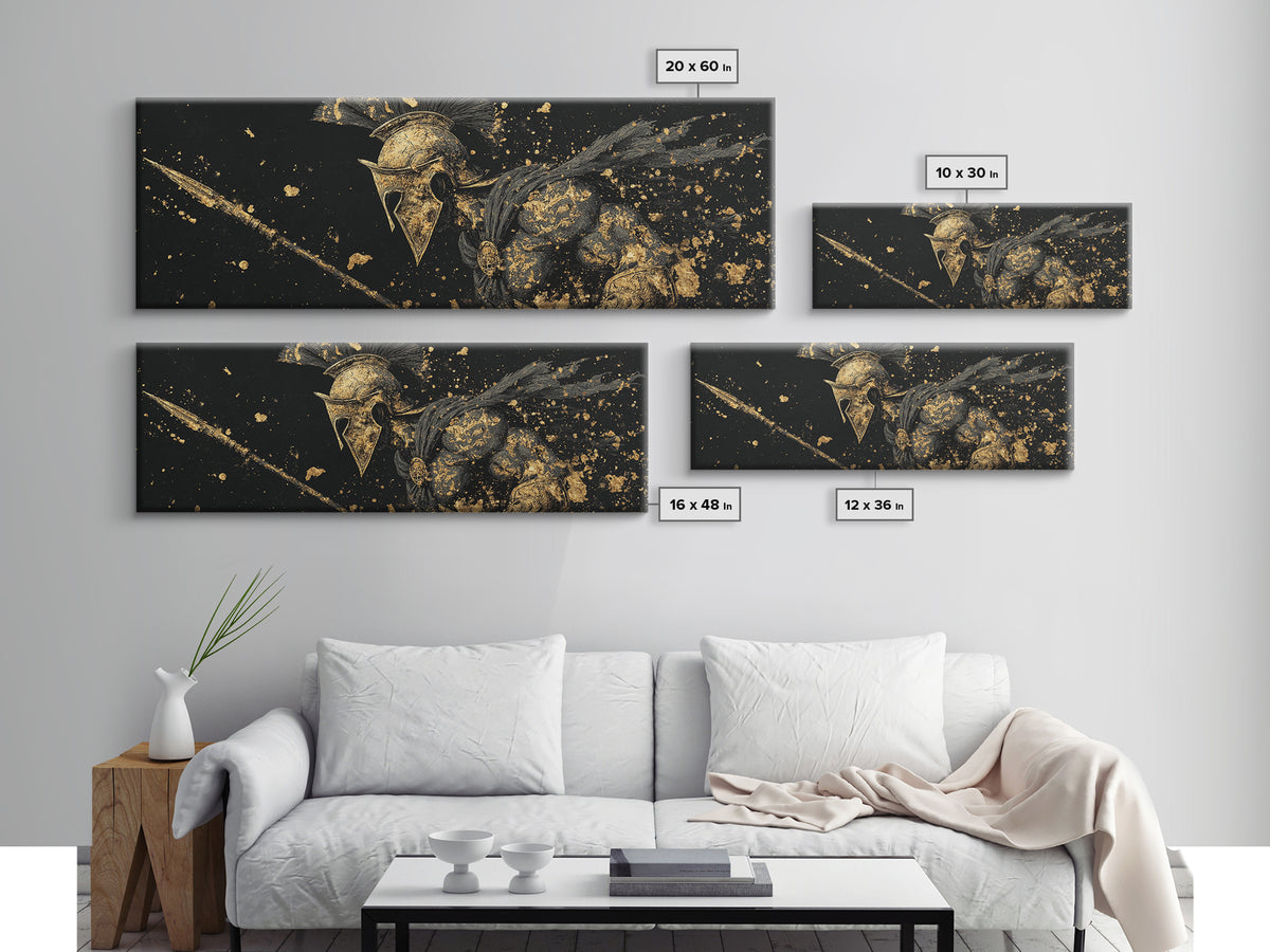 Spartan Helmet Detailed Profile, Ancient Greek Warrior Decorative Wall Artwork, Gold Canvas Print, Real Wood Frame Wall Decor