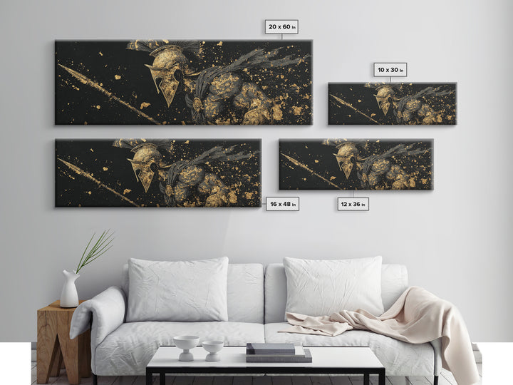 Spartan Helmet Detailed Profile, Ancient Greek Warrior Decorative Wall Artwork, Gold Canvas Print, Real Wood Frame Wall Decor