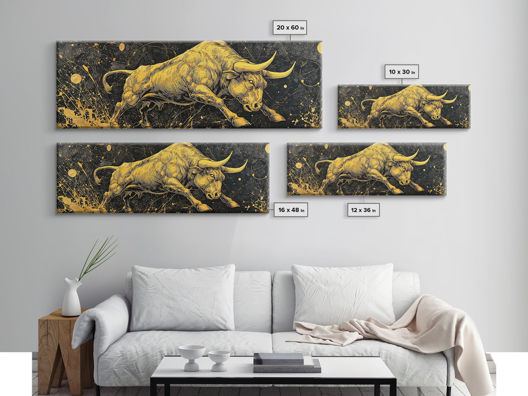 Charging Bull Artwork, Mythical Strength And Power Wall Decor, Gold Canvas Print, Real Wood Frame Art