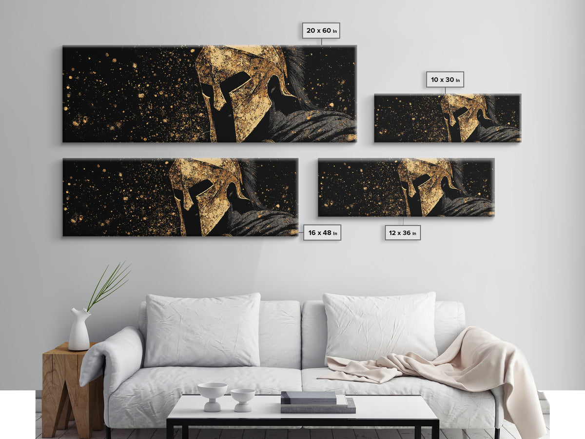 Spartan Warrior In Battle, Ancient Greek Hero Decorative Wall Artwork, Gold Canvas Print, Real Wood Frame Wall Decor