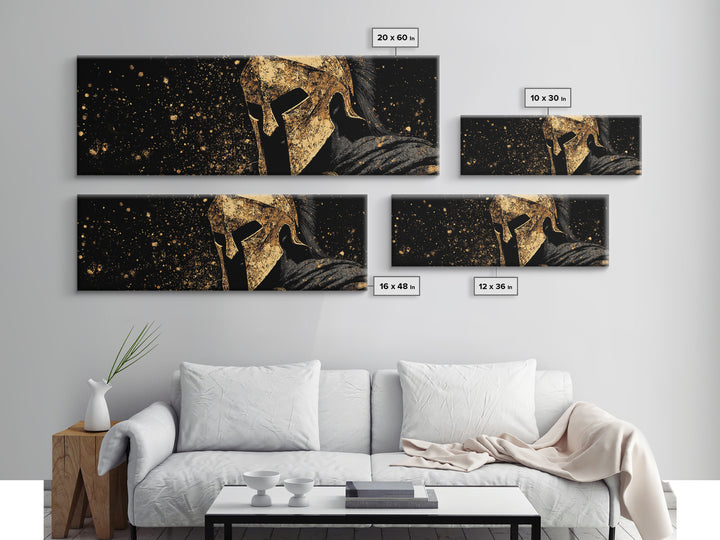 Spartan Warrior In Battle, Ancient Greek Hero Decorative Wall Artwork, Gold Canvas Print, Real Wood Frame Wall Decor