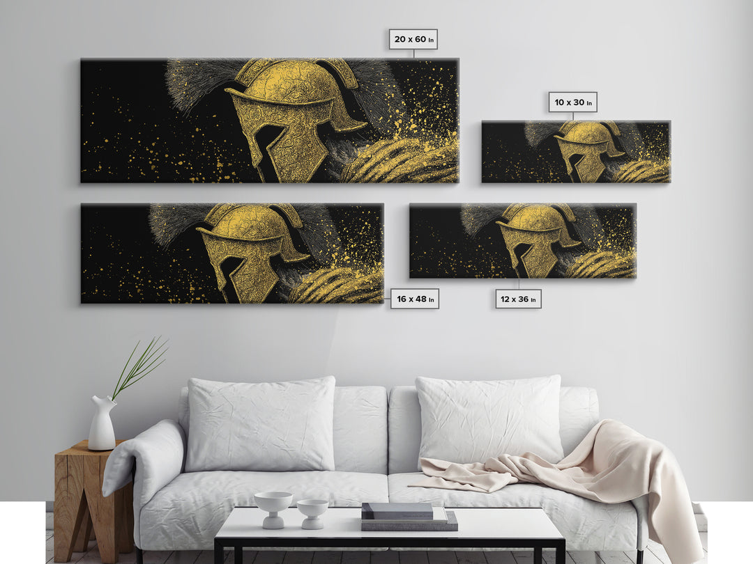 Spartan Helmet Portrait, Ancient Greek Warrior Symbolic Decorative Artwork, Gold Canvas Print, Real Wood Frame Wall Decor