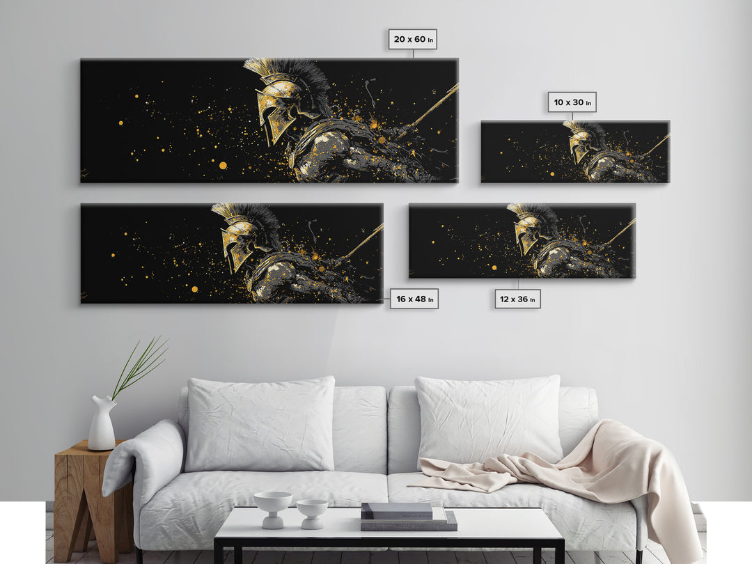 Greek Warrior In Battle Stance, Mythological Spartan Hero Decorative Artwork, Gold Canvas Print, Real Wood Frame Wall Art