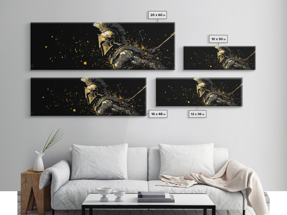 Greek Warrior In Battle Stance, Mythological Spartan Hero Decorative Artwork, Gold Canvas Print, Real Wood Frame Wall Art