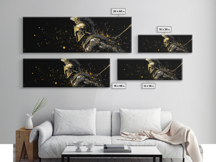 Greek Warrior In Battle Stance, Mythological Spartan Hero Decorative Artwork, Gold Canvas Print, Real Wood Frame Wall Art