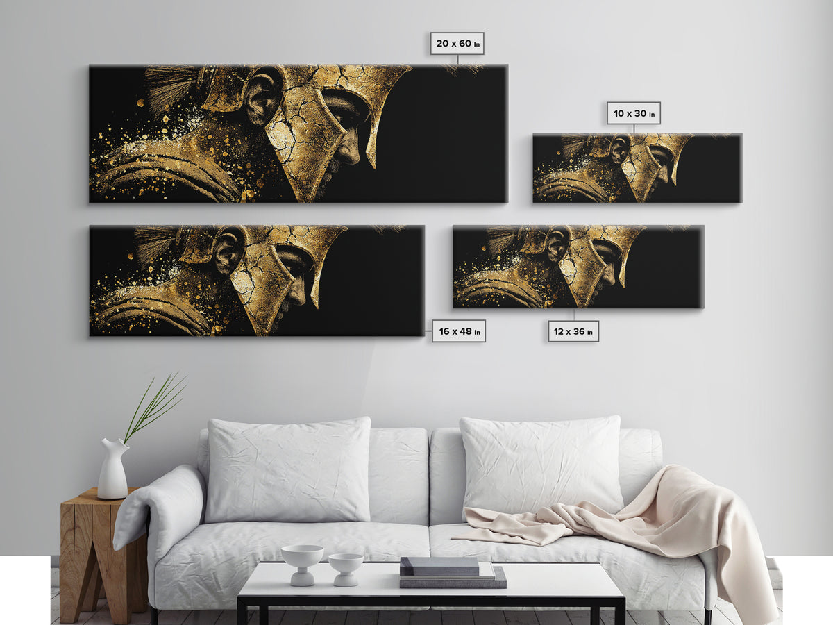 Spartan Helmet Side Profile, Ancient Greek Warrior Armor Decorative Artwork, Gold Canvas Print, Real Wood Frame Wall Decor