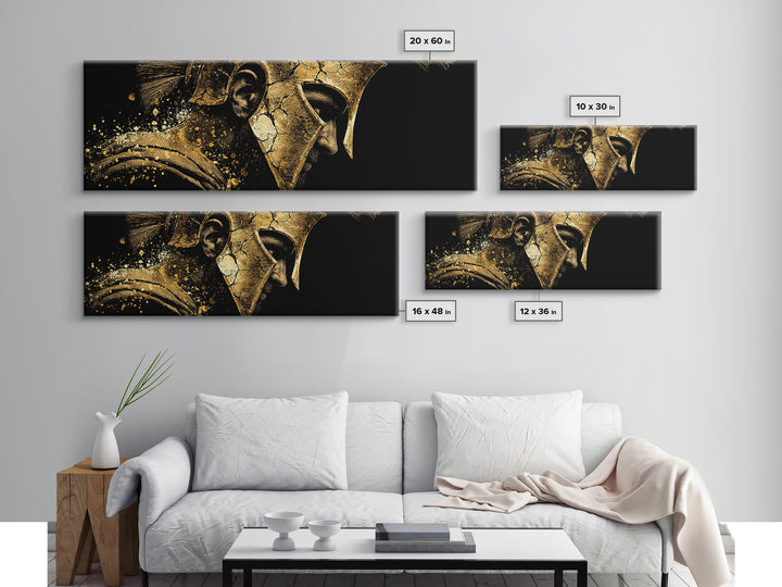 Spartan Helmet Side Profile, Ancient Greek Warrior Armor Decorative Artwork, Gold Canvas Print, Real Wood Frame Wall Decor
