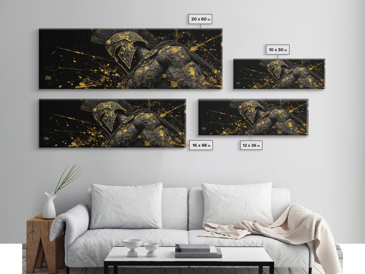 Detailed Spartan Helmet, Ancient Greek Mythological Warrior Decorative Artwork, Gold Canvas Print, Real Wood Frame Wall Art