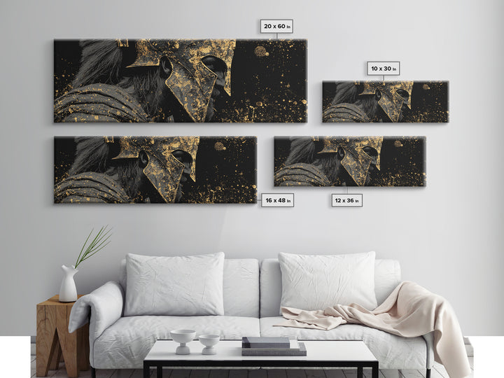 Spartan Helmet Warrior, Ancient Greek Mythological Armor Symbol Artwork, Gold Canvas Print, Real Wood Frame Wall Decor