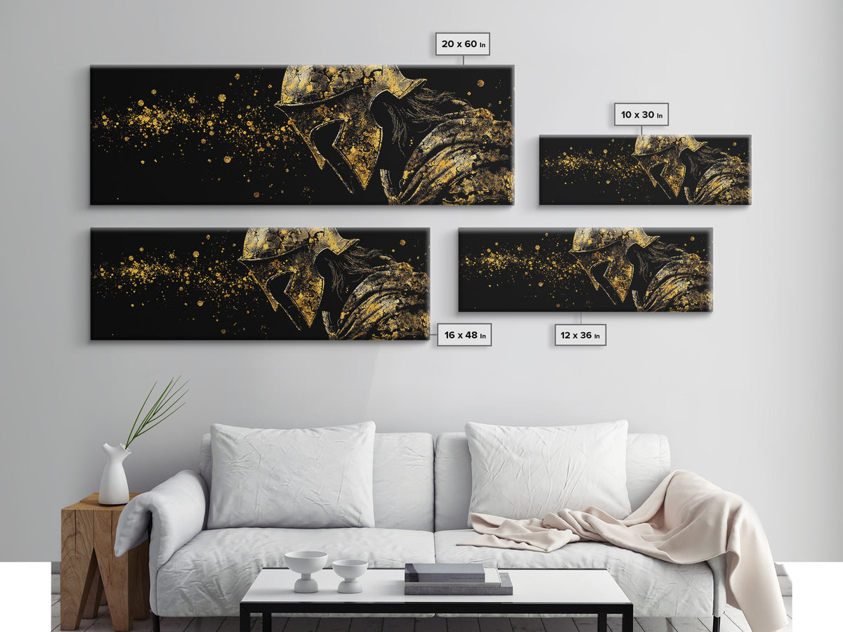 Greek Warrior With Cloak, Ancient Spartan Helmet Decorative Wall Artwork, Gold Canvas Print, Real Wood Frame Wall Decor