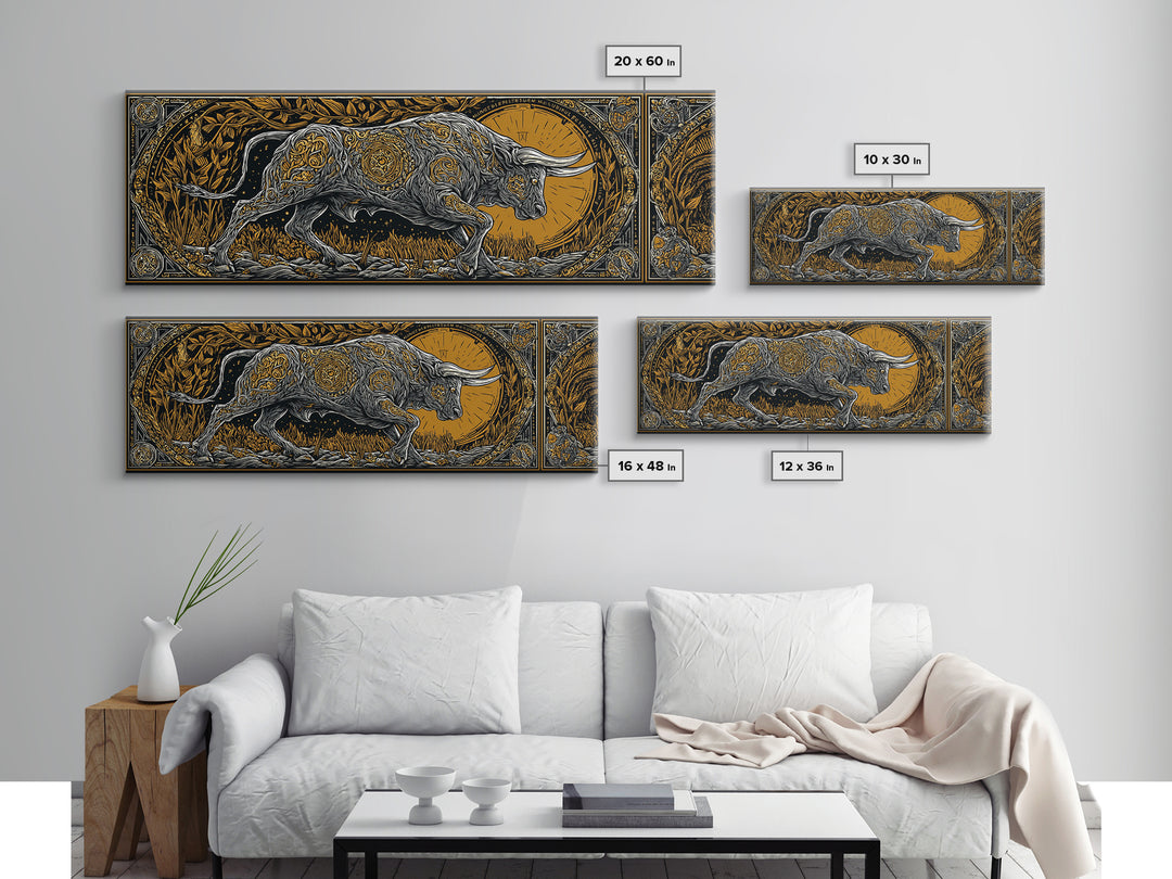 Ornamental Bull Design, Mythical Strength Symbol Wall Decor, Gold Canvas Print, Real Wood Framed Art