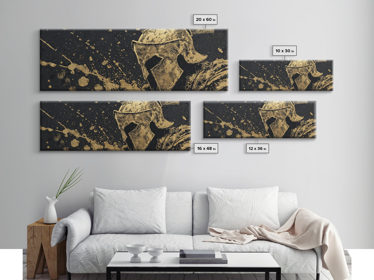 Spartan Helmet Warrior Portrait, Ancient Greek Heroic Symbol Decorative Artwork, Gold Canvas Print, Real Wood Frame Wall Decor