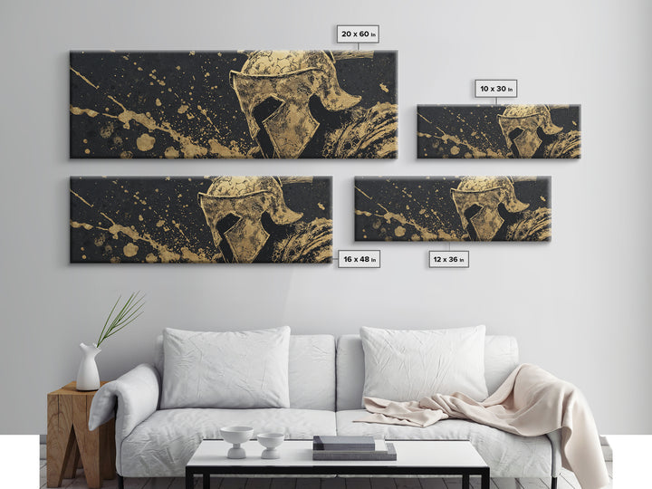 Spartan Helmet Warrior Portrait, Ancient Greek Heroic Symbol Decorative Artwork, Gold Canvas Print, Real Wood Frame Wall Decor
