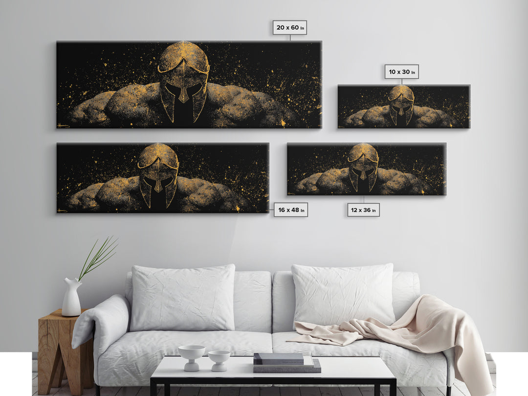 Spartan Warrior Front View, Ancient Greek Helmet Strength Symbol Decorative Artwork, Gold Canvas Print, Real Wood Frame Art